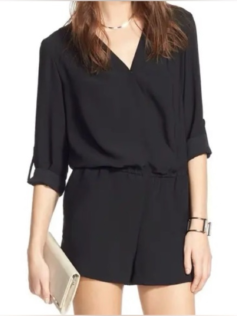 Trouve Women's Black V-Neck Romper surplice neckline and roll-tab sleeves Sz sm